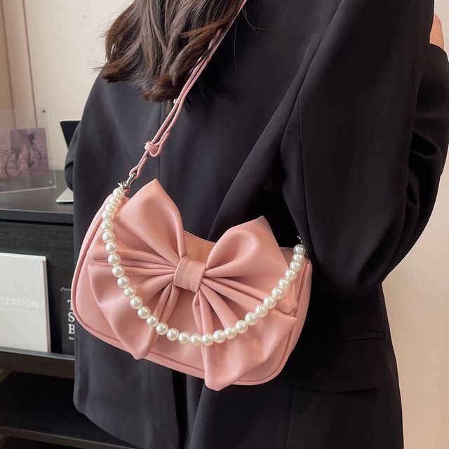 Faux Pearl Strap Bow Crossbody Bag