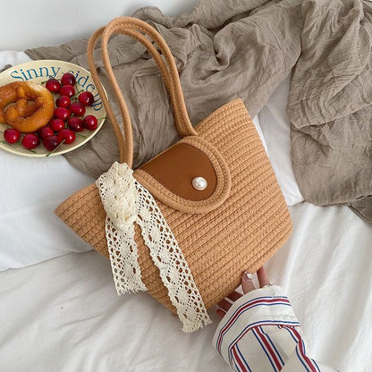 Faux Pearl Buttoned Woven Tote Bag