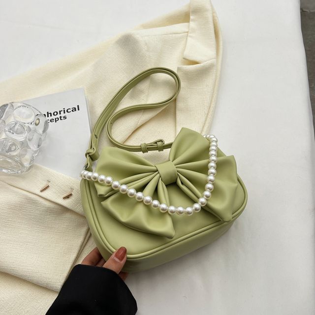 Faux Pearl Strap Bow Crossbody Bag