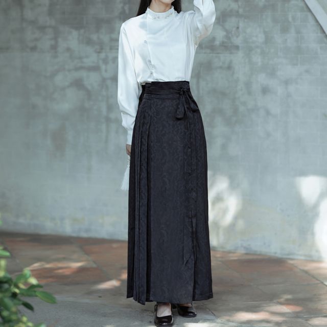 Long-Sleeve Stand Collar Embroidered Blouse / Tie-Waist Pleated Maxi A-Line Skirt