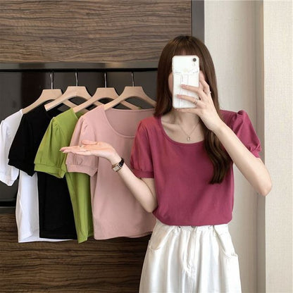Puff-Sleeve T-Shirt Scoop Plain Neck