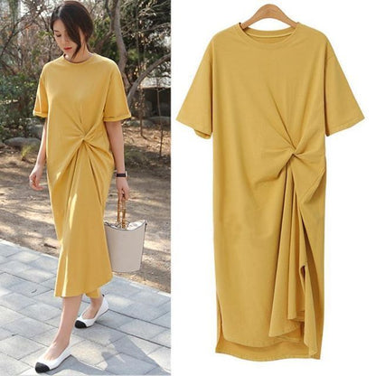 Short-Sleeve Plain T-Shirt Neck Midi Dress Crew Twist
