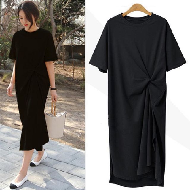 Short-Sleeve Plain T-Shirt Neck Midi Dress Crew Twist
