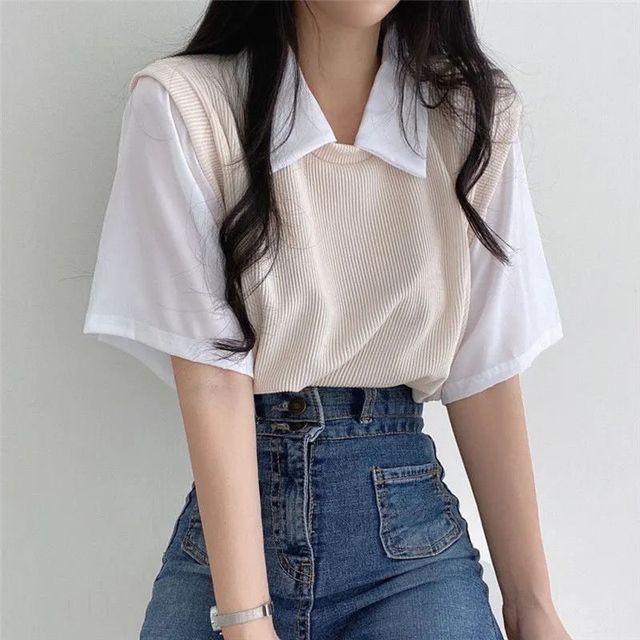 Piece Short-Sleeve Collared T-Shirt Mock Two