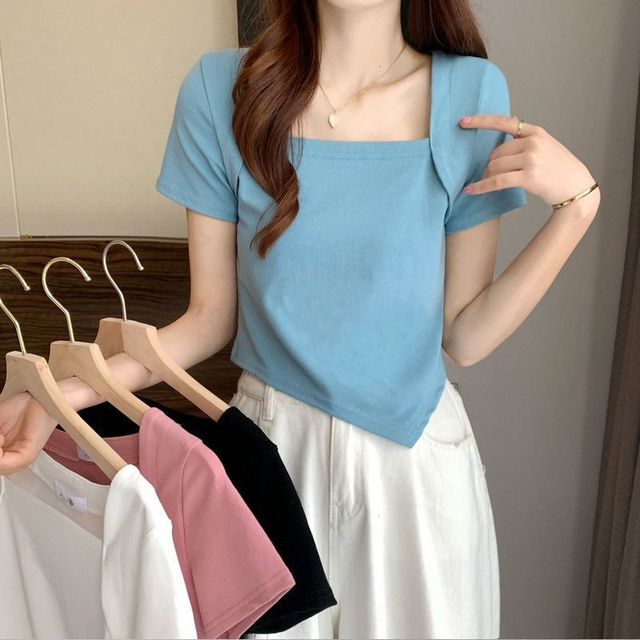 T-Shirt Cropped Square Neck Irregular Short-Sleeve