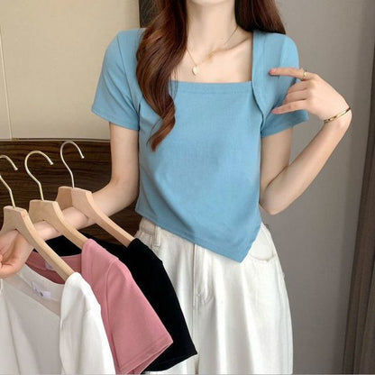 T-Shirt Cropped Square Neck Irregular Short-Sleeve