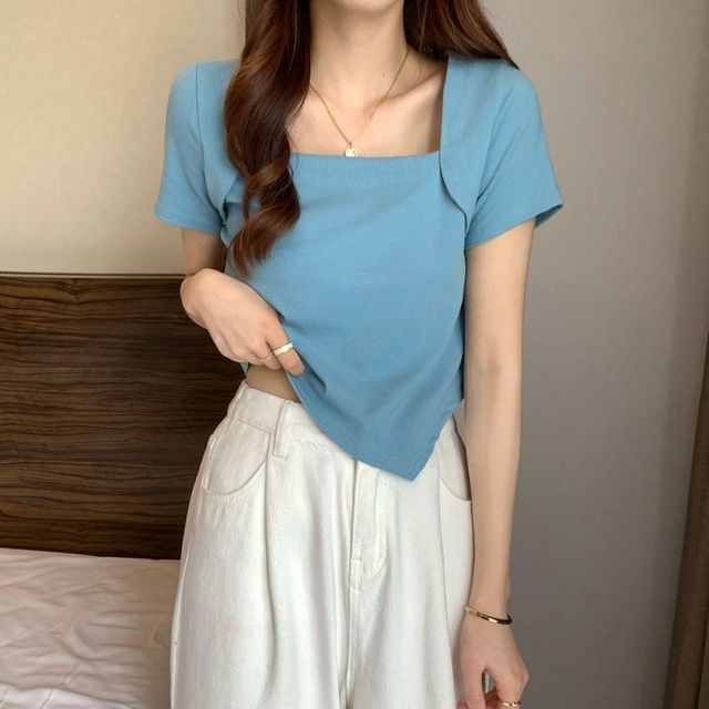 T-Shirt Cropped Square Neck Irregular Short-Sleeve