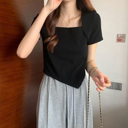 T-Shirt Cropped Square Neck Irregular Short-Sleeve