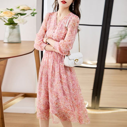 Long-Sleeve V-Neck Floral Print Button Midi A-Line Dress