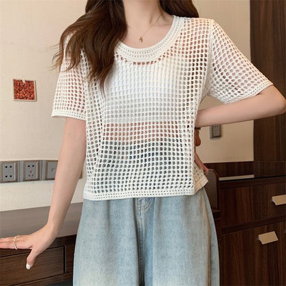 Knit Perforated Top Short-Sleeve