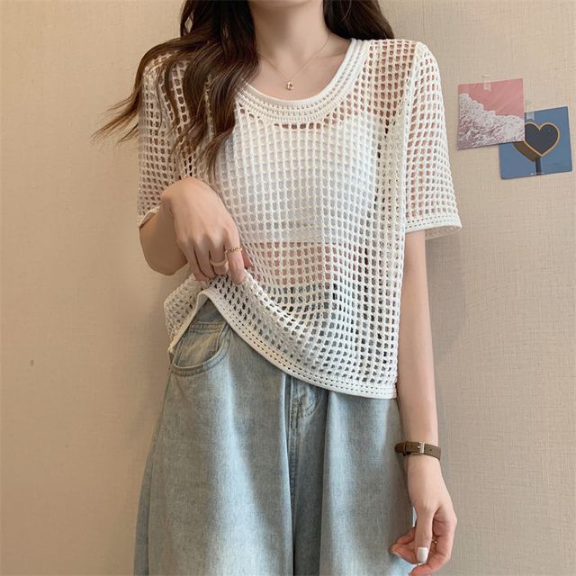Knit Perforated Top Short-Sleeve