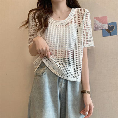 Knit Perforated Top Short-Sleeve