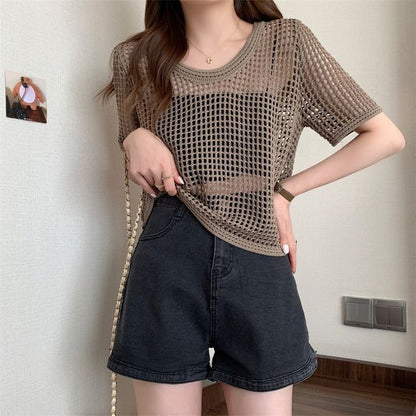 Knit Perforated Top Short-Sleeve