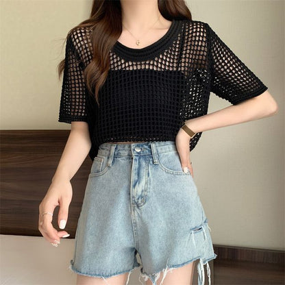 Knit Perforated Top Short-Sleeve
