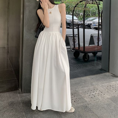 Sleeveless Plain Shirred Midi A-Line Dress