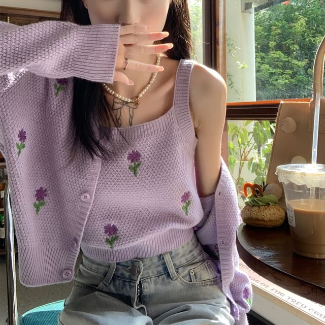 Crop + Set: Knit Top Embroidered Floral Tank Cardigan Square Neck