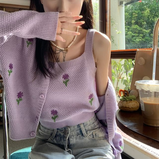 Crop + Set: Knit Top Embroidered Floral Tank Cardigan Square Neck