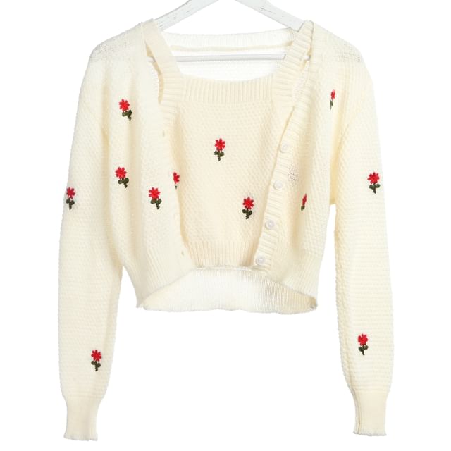 Crop + Set: Knit Top Embroidered Floral Tank Cardigan Square Neck