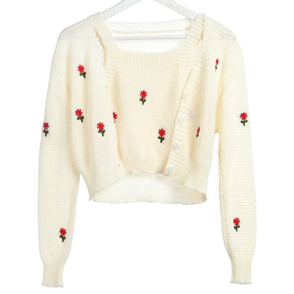 Crop + Set: Knit Top Embroidered Floral Tank Cardigan Square Neck