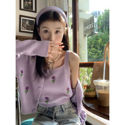 Crop + Set: Knit Top Embroidered Floral Tank Cardigan Square Neck