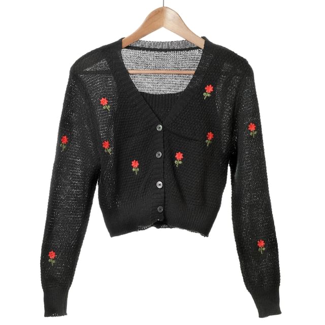 Crop + Set: Knit Top Embroidered Floral Tank Cardigan Square Neck
