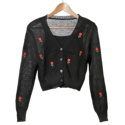 Crop + Set: Knit Top Embroidered Floral Tank Cardigan Square Neck