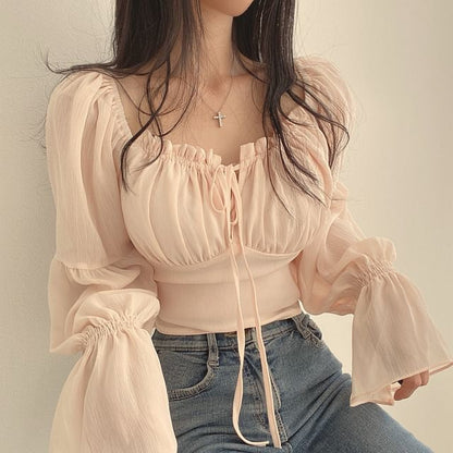 Cinched Sleeve Square Neck Plain Ruched Tie Front Blouse