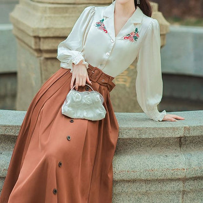 Long-Sleeve Collared Floral Embroidered Blouse / High Waist Plain Pleated Belted Midi A-Line Skirt / Set