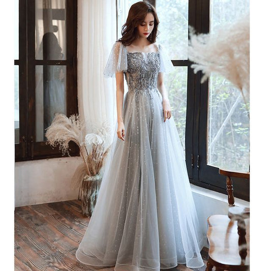 / Midi A-Line Dress Cap-Sleeve Panel Sequin Evening Gown Mesh