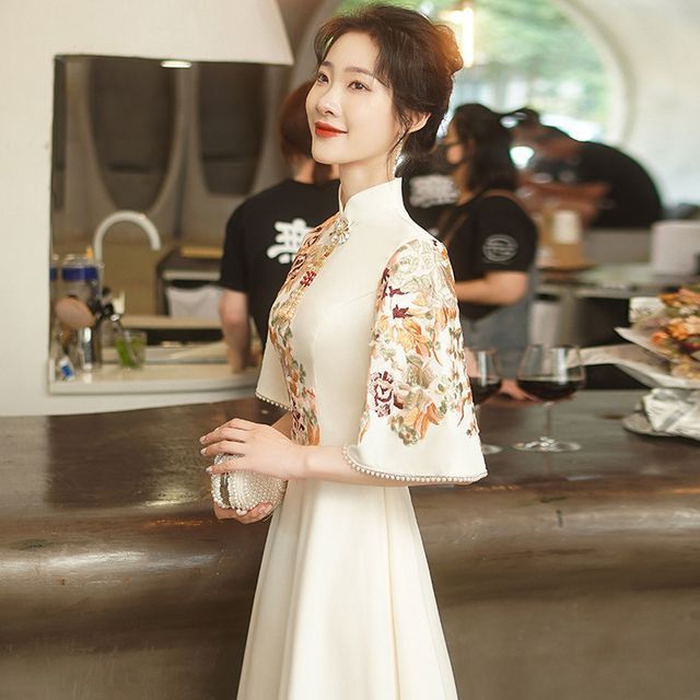 Evening Collar A-Line Dress Floral Mandarin Elbow-Sleeve Embroidered