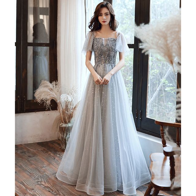 / Midi A-Line Dress Cap-Sleeve Panel Sequin Evening Gown Mesh