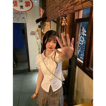 Puff-Sleeve Plain Button-Up Shirt