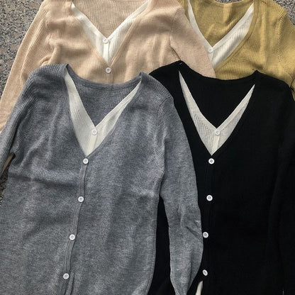 Two Button-Up Tone V-Neck Two-Piece Top Long-Sleeve Knit Mock