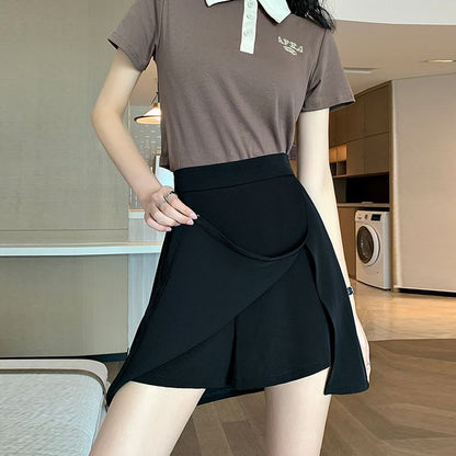 A-Line Slit Mini Waist High Skort Plain