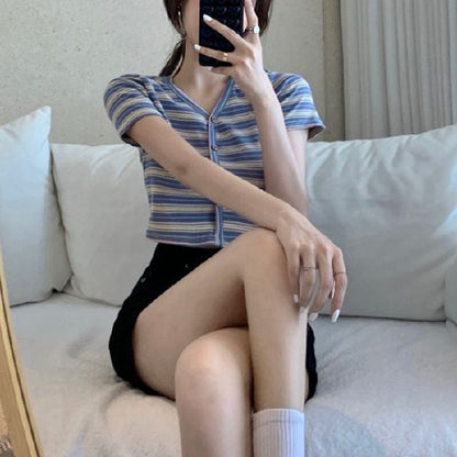 Short-Sleeve Crop Tee Button-Up V-Neck Striped