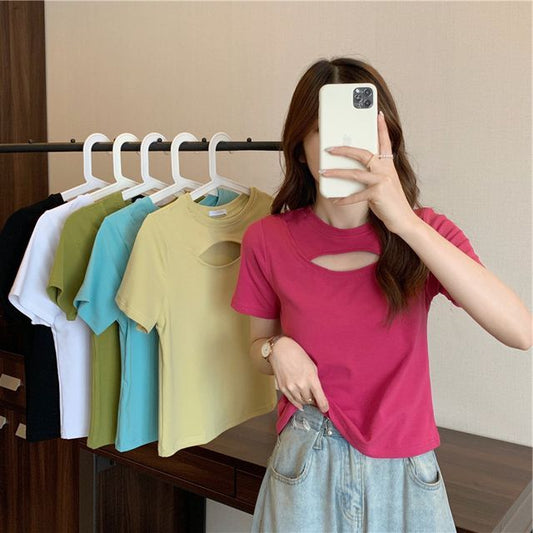 Cut Short-Sleeve T-Shirt Plain Neck Crew Out