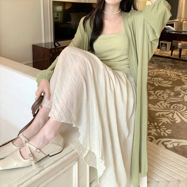 Midi Front Plain Cardigan Open