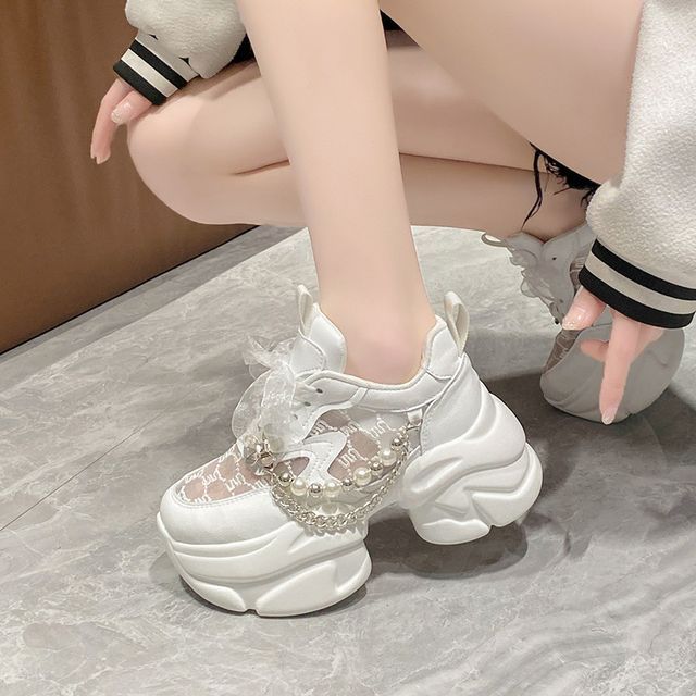 Platform Lace Pearl Lace-Up Pattered Panel Faux Sneakers