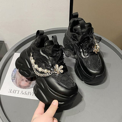 Platform Lace Pearl Lace-Up Pattered Panel Faux Sneakers