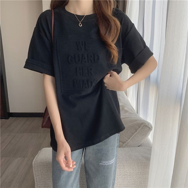 Tee Plain Lettering Oversized Embossed Elbow-Sleeve Crew Neck