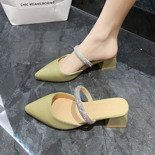 Slide Chunky Heel Sandals Rhinestone