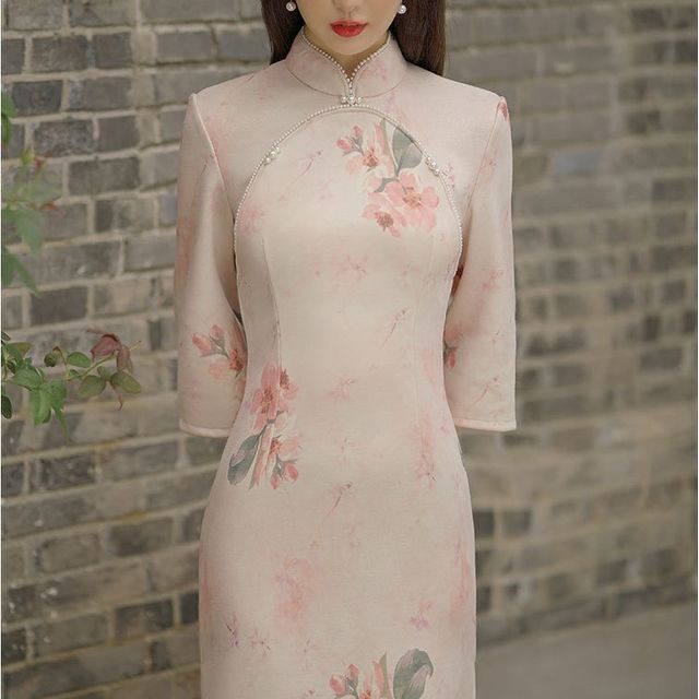 3/4-Sleeve Floral Print Faux Pearl Faux Suede Midi Sheath Qipao