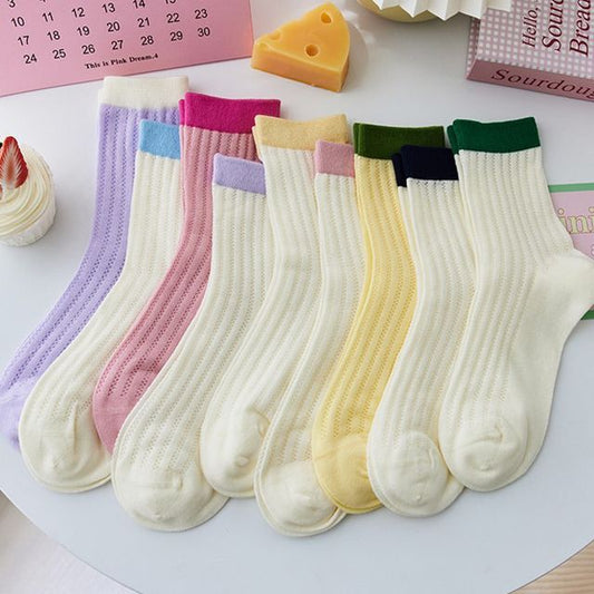 Contrast Trim Pointelle Knit Socks / Set