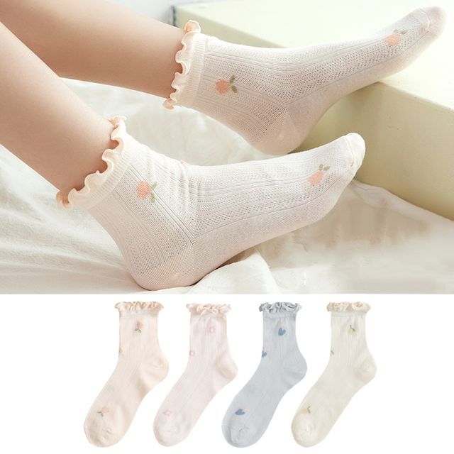 Set of 4 Pairs: Floral Print Lettuce Edge Socks