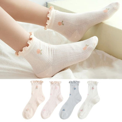 Set of 4 Pairs: Floral Print Lettuce Edge Socks