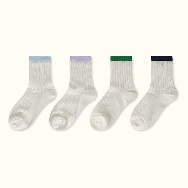 Contrast Trim Pointelle Knit Socks / Set