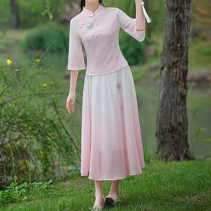 Traditional Chinese 3/4-Sleeve Top / High Rise Midi A-Line Skirt