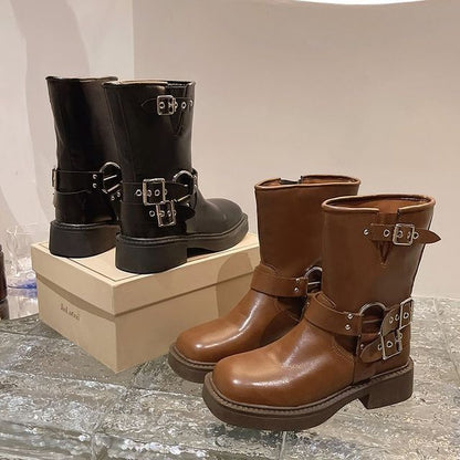 Buckled Boots Chunky Heel Short