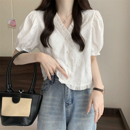 Jacquard V-Neck Blouse Frill Short-Sleeve