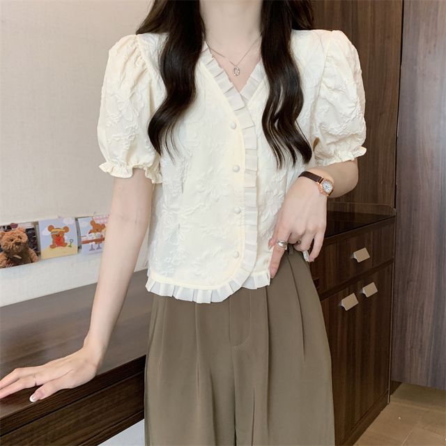 Jacquard V-Neck Blouse Frill Short-Sleeve